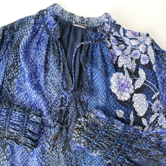 ELIE TAHARI Zeina floral and Snake Print Blouson Sleeve Blouse top blue Sz M - Picture 4 of 12
